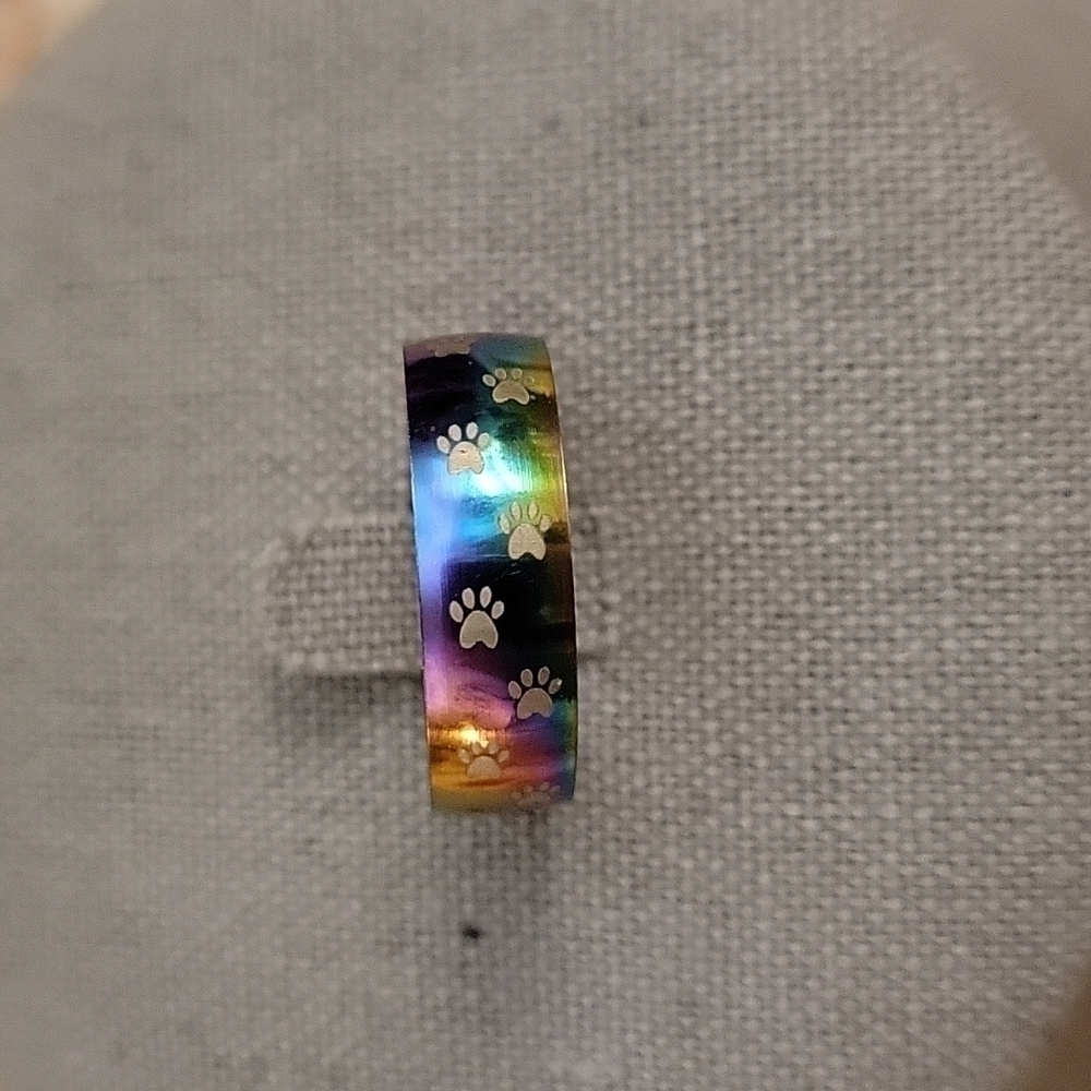 3/$30 Oil Spill Rainbow Paw Print Stainless Steel Kidcore Ring